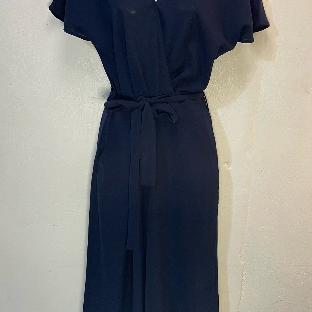 #0197 Everly Navy Blue Cross Over Jumpsuit with Dolman Sleeves and V-neck-S - Picture 2 of 8